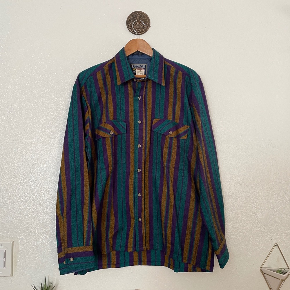 Vintage‎ Backpacker Mens Large Striped Acrylic Flannel Shirt Teal Purple NWT